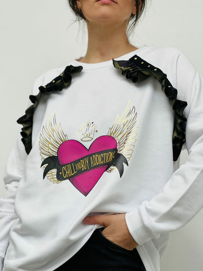SUDADERA MINI VOLANTES TACHAS CORAZON ALAS FUCSIA