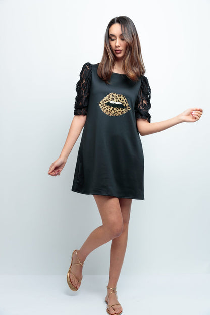 VESTIDO ABULLONADO ENCAJE BOCA LEOPARD