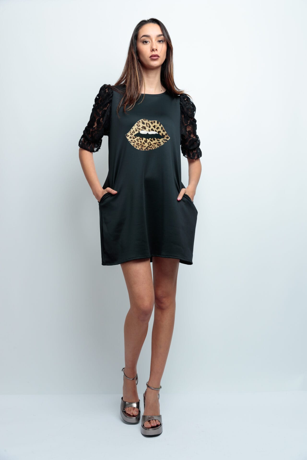 VESTIDO ABULLONADO ENCAJE BOCA LEOPARD