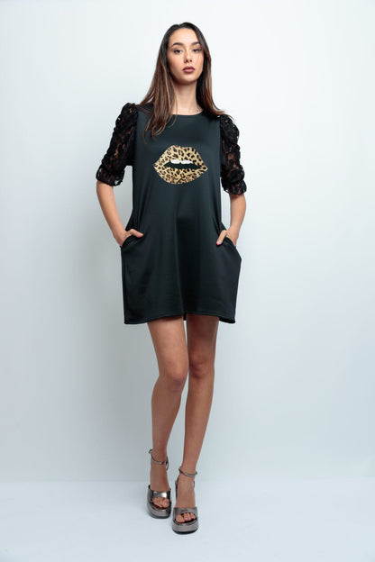 VESTIDO ABULLONADO ENCAJE BOCA LEOPARD