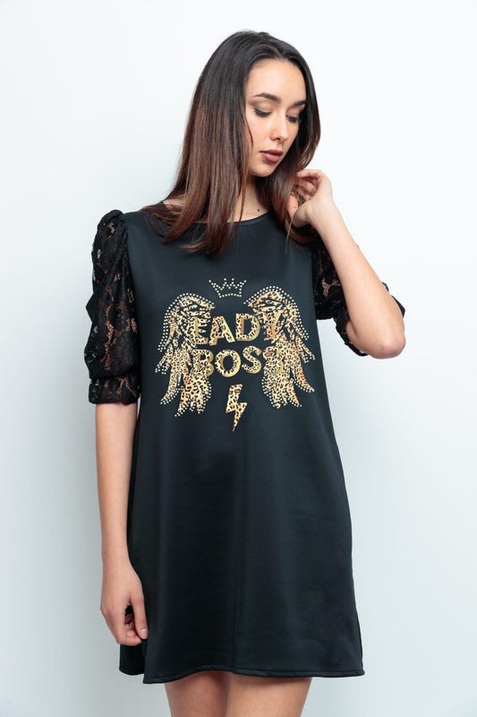 VESTIDO ABULLONADO ENCAJE LADY BOSS LEOPARD