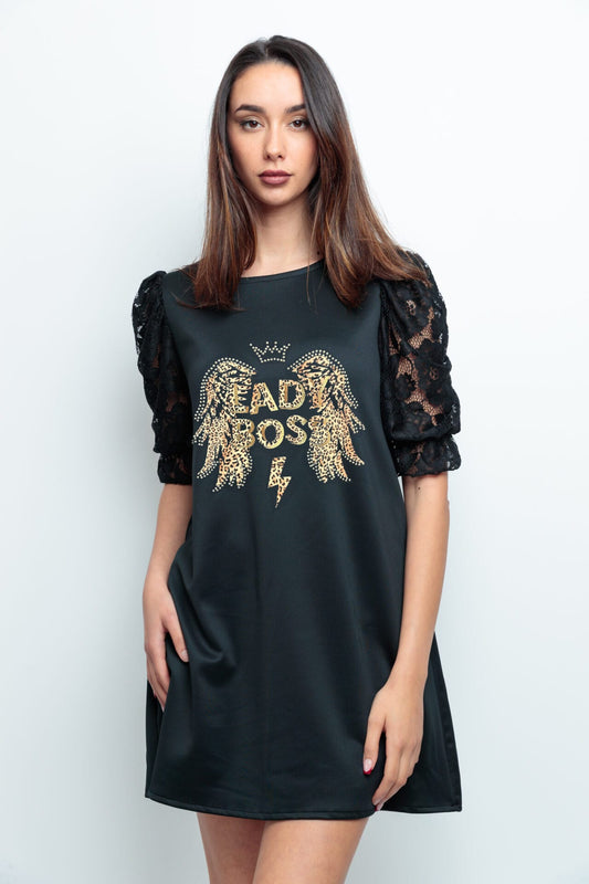VESTIDO ABULLONADO ENCAJE LADY BOSS LEOPARD