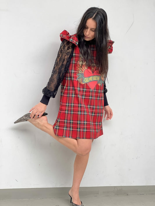 VESTIDO MANGA ABULLONADA ENCAJE MINI VOLANTE CORAZON ALAS ROJO