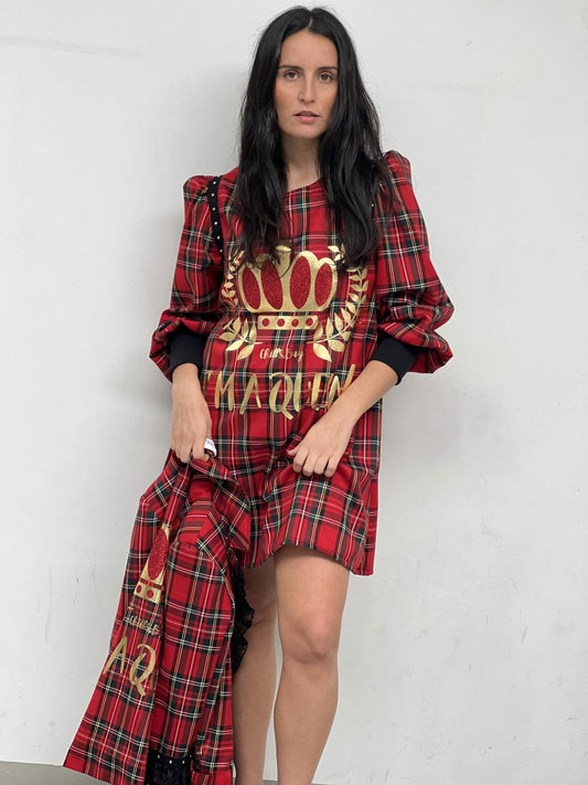 VESTIDO MANGA MIA ESCOCES ROJO QUEEN DORADO
