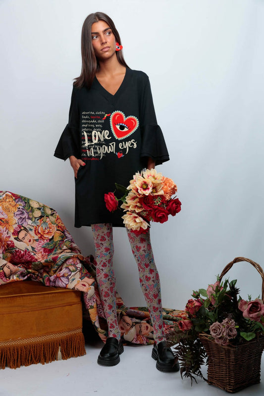 VESTIDO MAYA NEGRO ESTAMPADO MEX CUORE PALABRAS CUORE