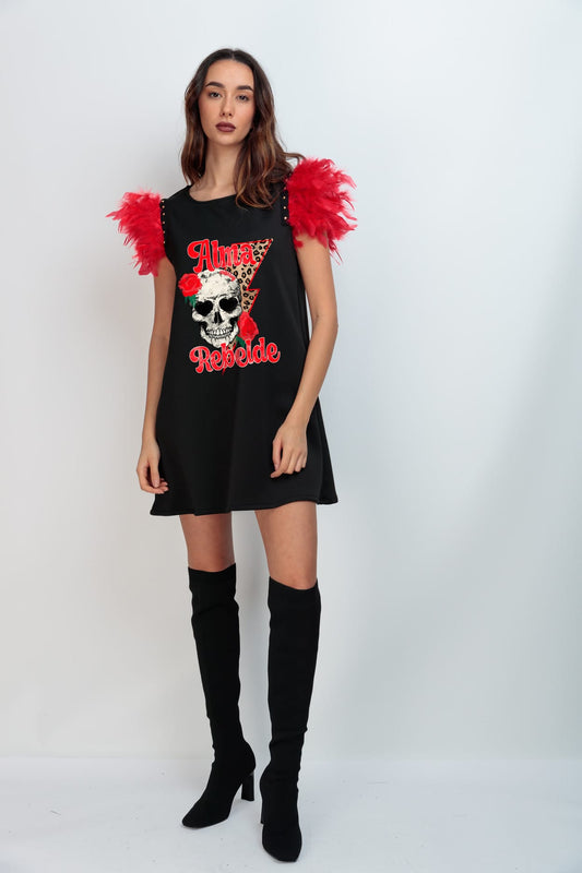 VESTIDO PLUMAS ROJAS ALMA REBELDE