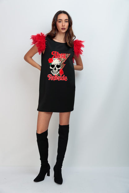 VESTIDO PLUMAS ROJAS ALMA REBELDE