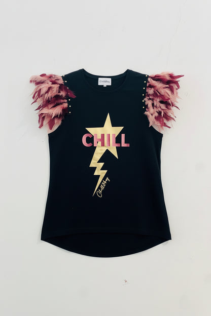 Chill Lightning Bolt Feather Studded T-Shirt