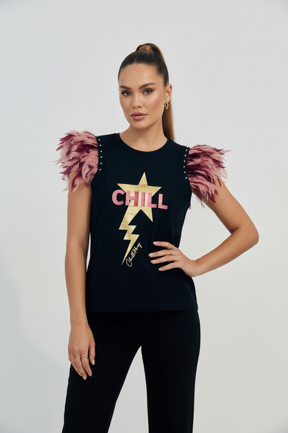 Chill Lightning Bolt Feather Studded T-Shirt
