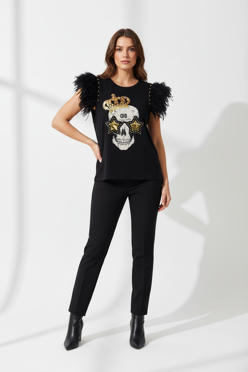 Camiseta Plumas Tachas Skull Festival
