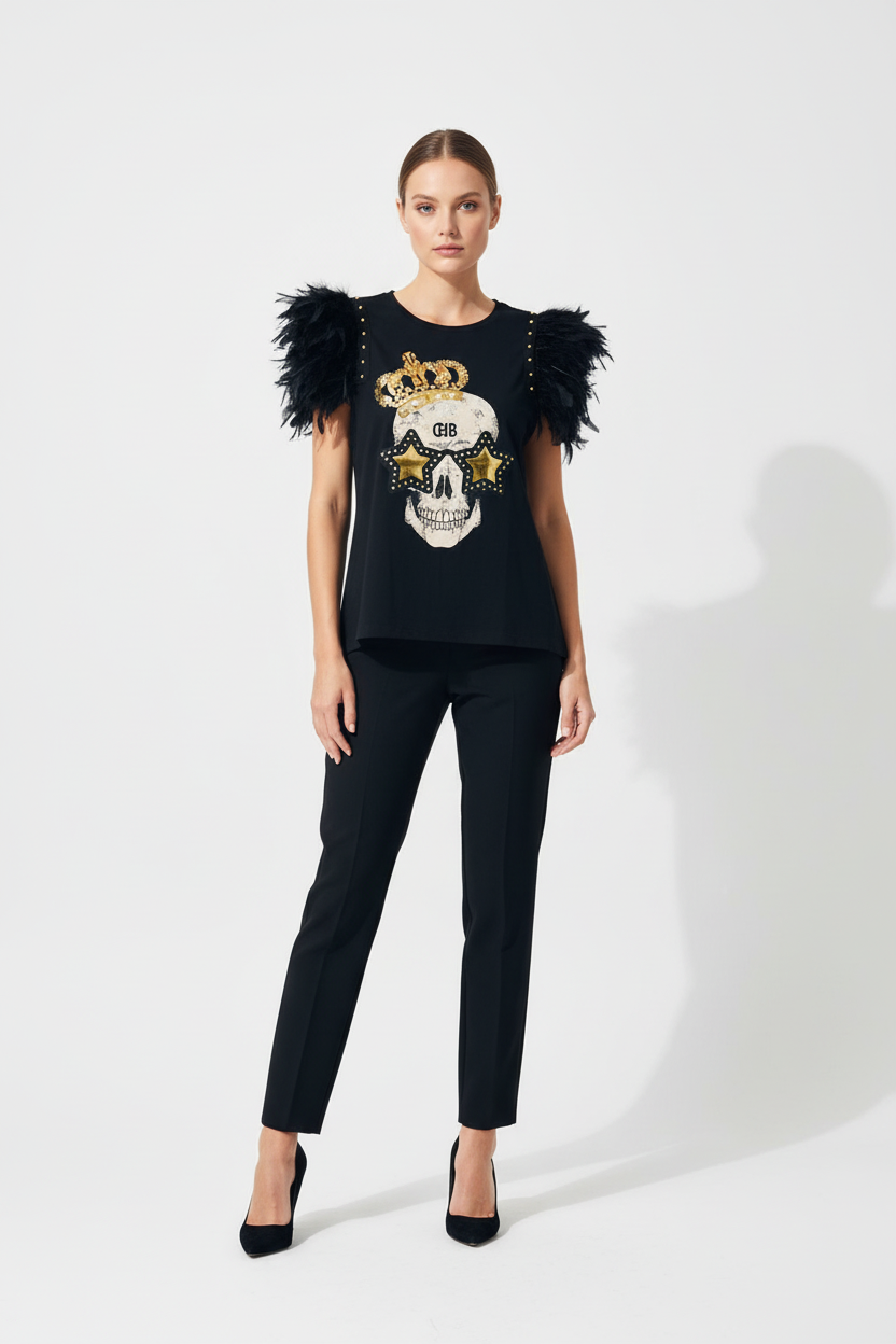 Camiseta Plumas Tachas Skull Festival