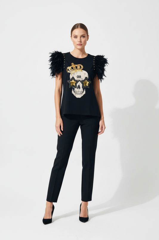 Camiseta Plumas Tachas Skull Festival
