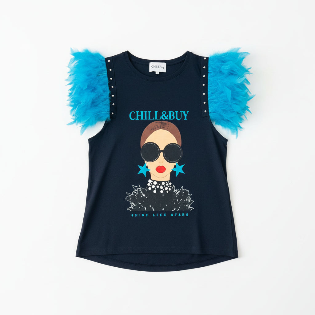 T-shirt Plumes Brillantes Bleu