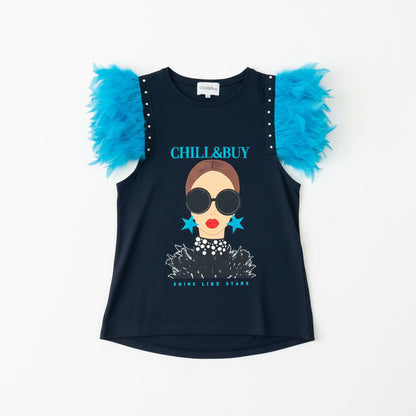 T-shirt Plumes Brillantes Bleu