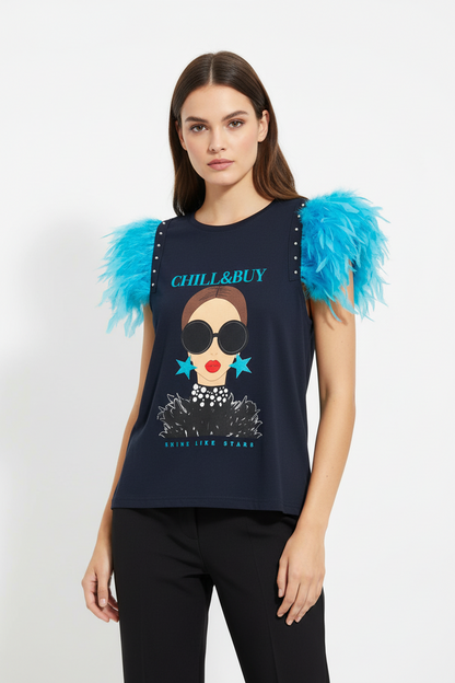 T-shirt Plumes Brillantes Bleu