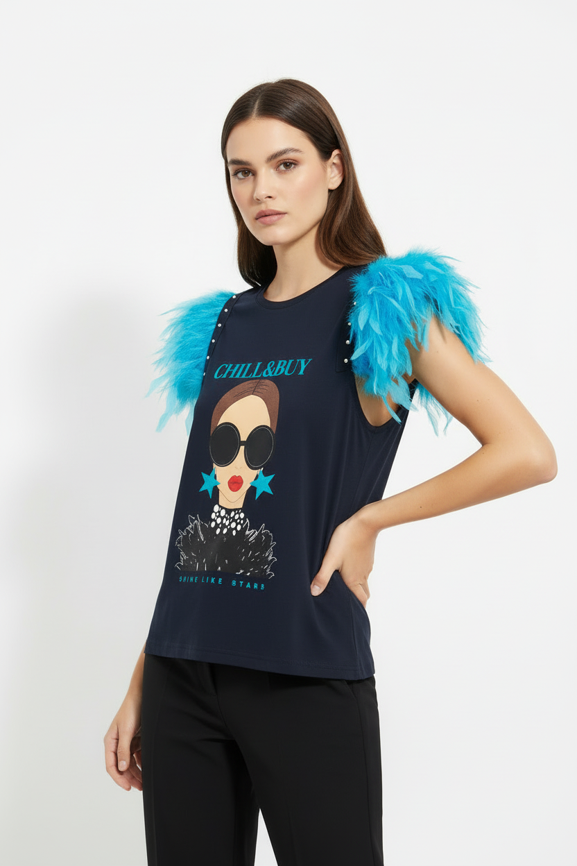 T-shirt Plumes Brillantes Bleu