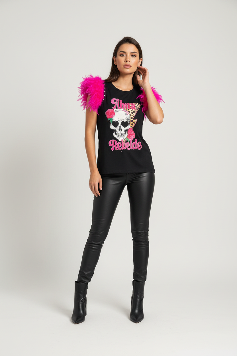 T-shirt Plumes Âme Rebelle Rose