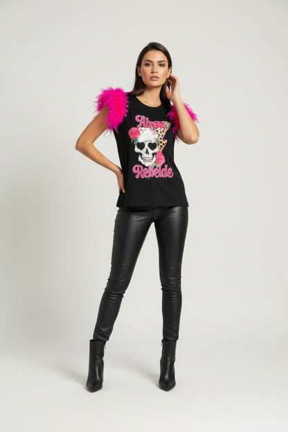 T-shirt Plumes Âme Rebelle Rose