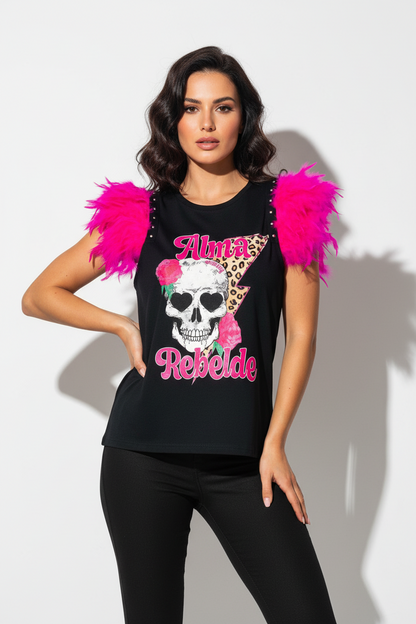 T-shirt Plumes Âme Rebelle Rose