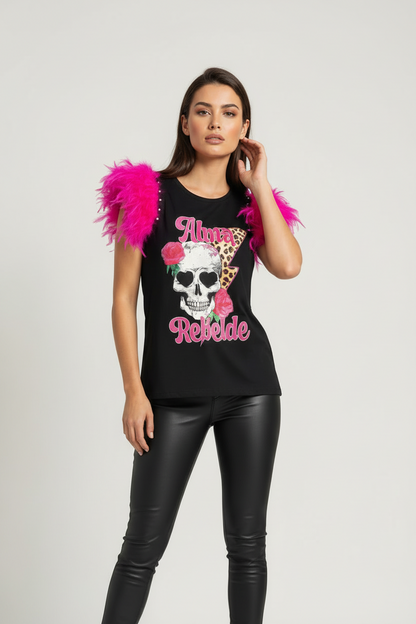 T-shirt Plumes Âme Rebelle Rose