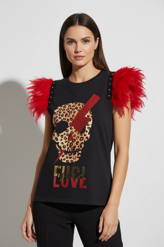Camiseta Plumas Tachas Skull Rayo