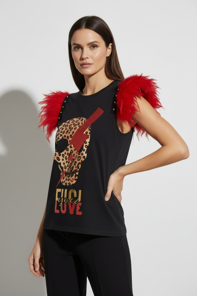T-shirt Plumes Clous Crâne Éclair