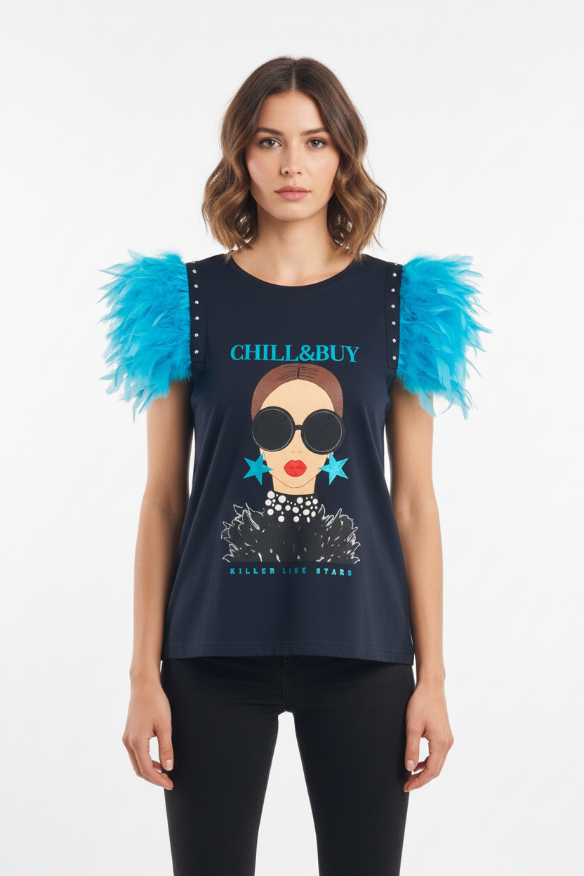 T-shirt Plumes Brillantes Bleu