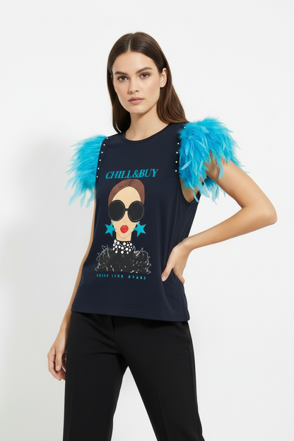 T-shirt Plumes Brillantes Bleu