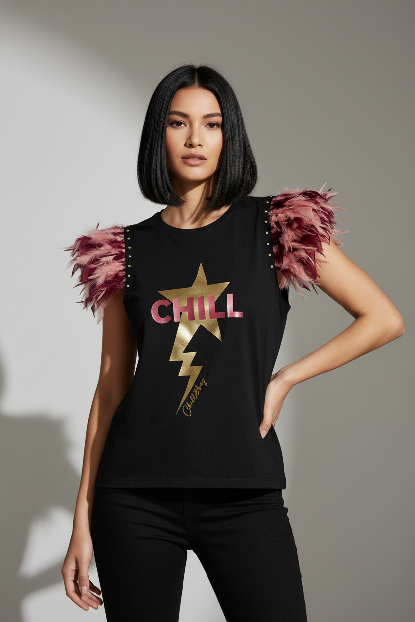 Chill Lightning Bolt Feather Studded T-Shirt