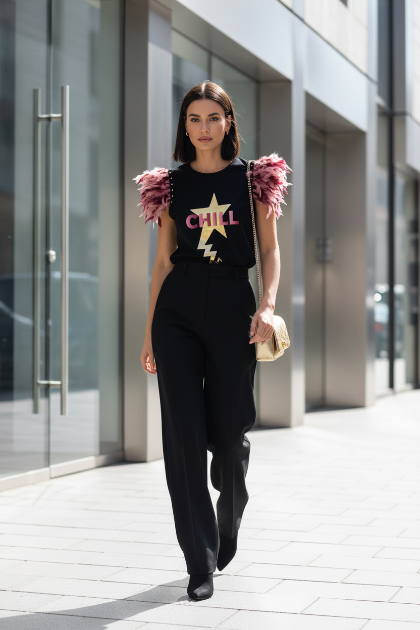 Chill Lightning Bolt Feather Studded T-Shirt