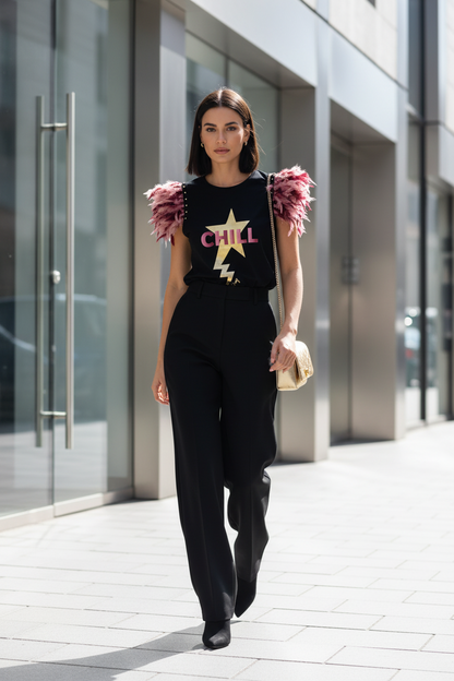 Chill Lightning Bolt Feather Studded T-Shirt