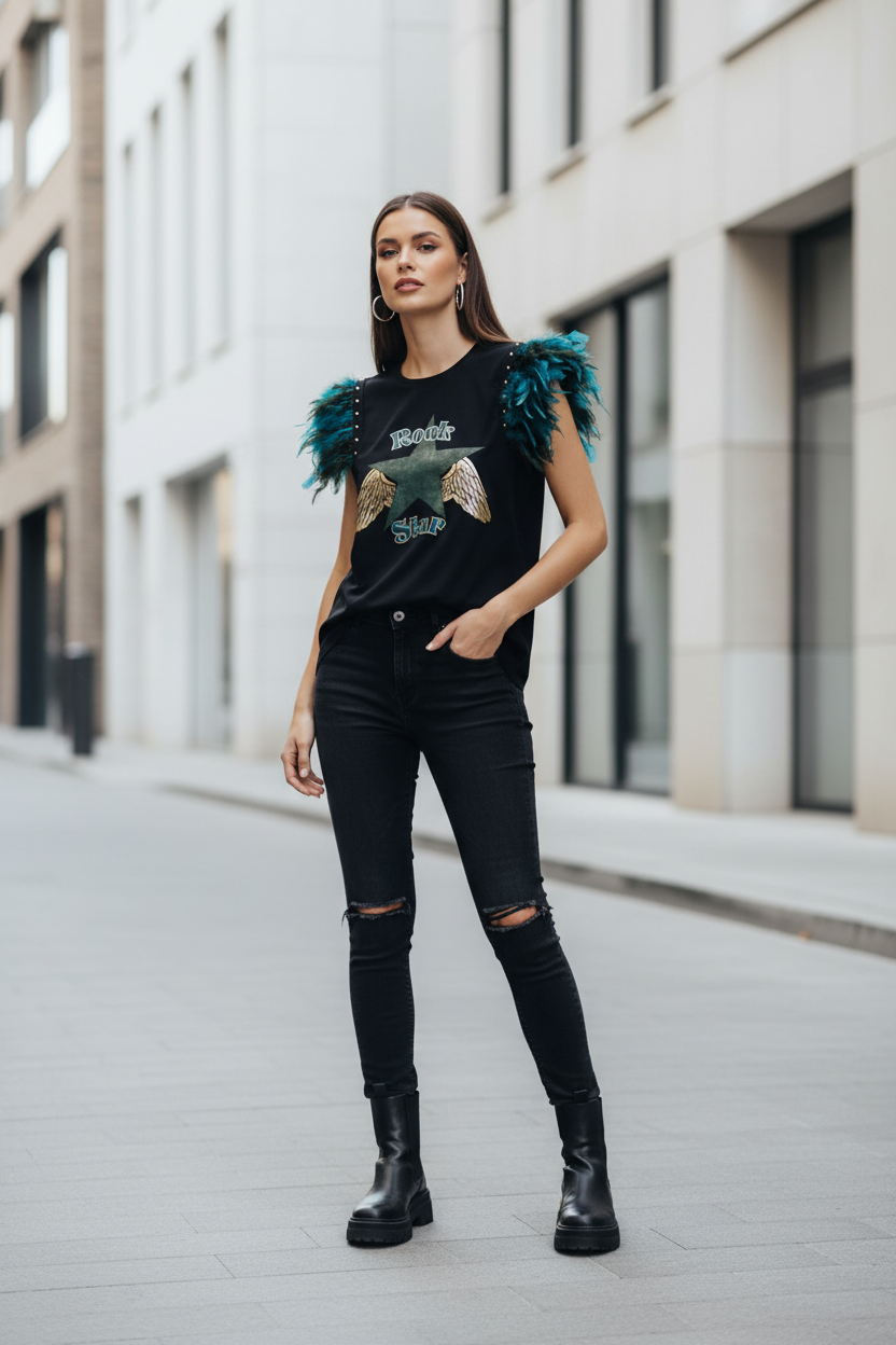 T-shirt à plumes de rock star