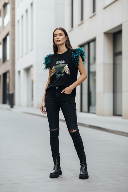 T-shirt à plumes de rock star