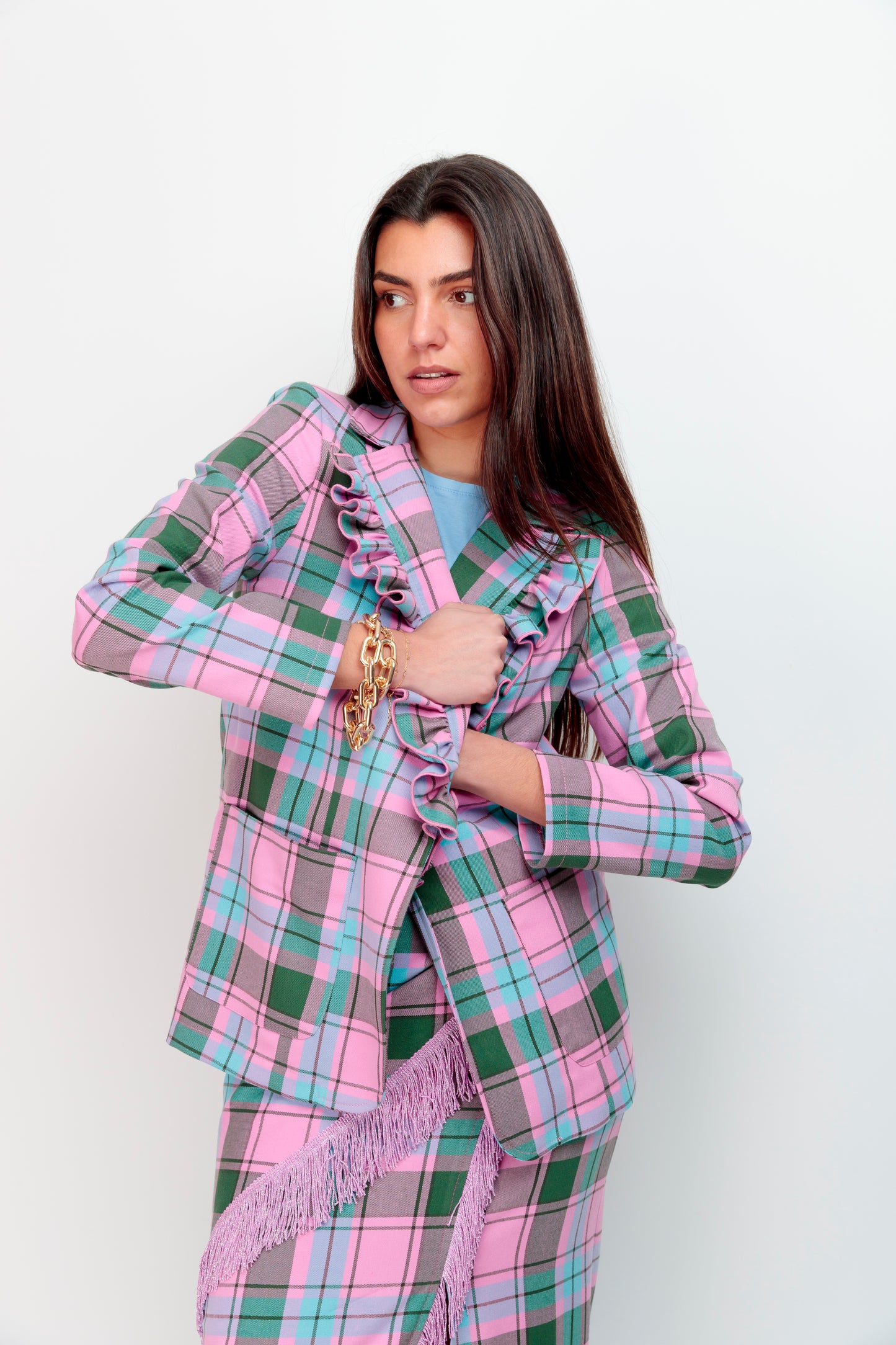 Blazer Volante Cuadros Rosa