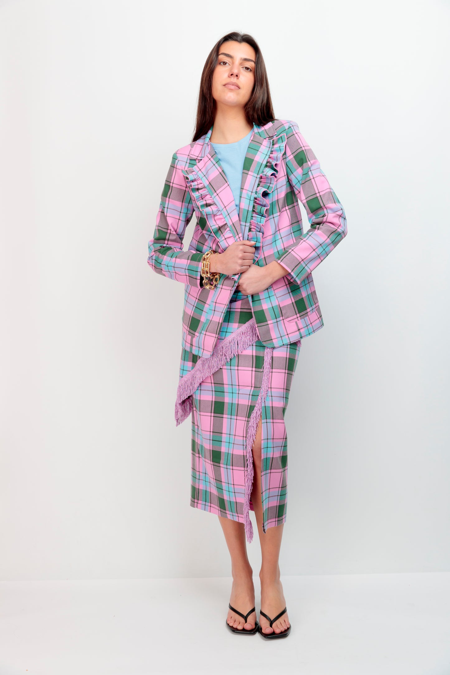 Blazer Volante Cuadros Rosa