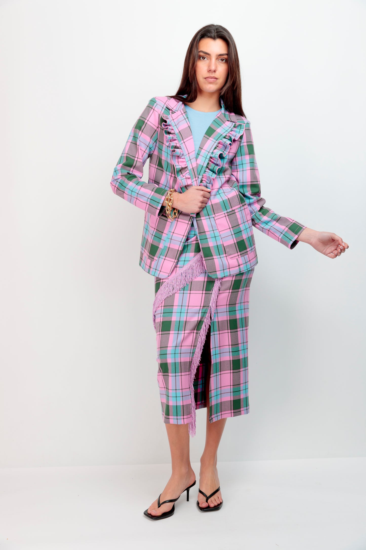 Blazer Volante Cuadros Rosa