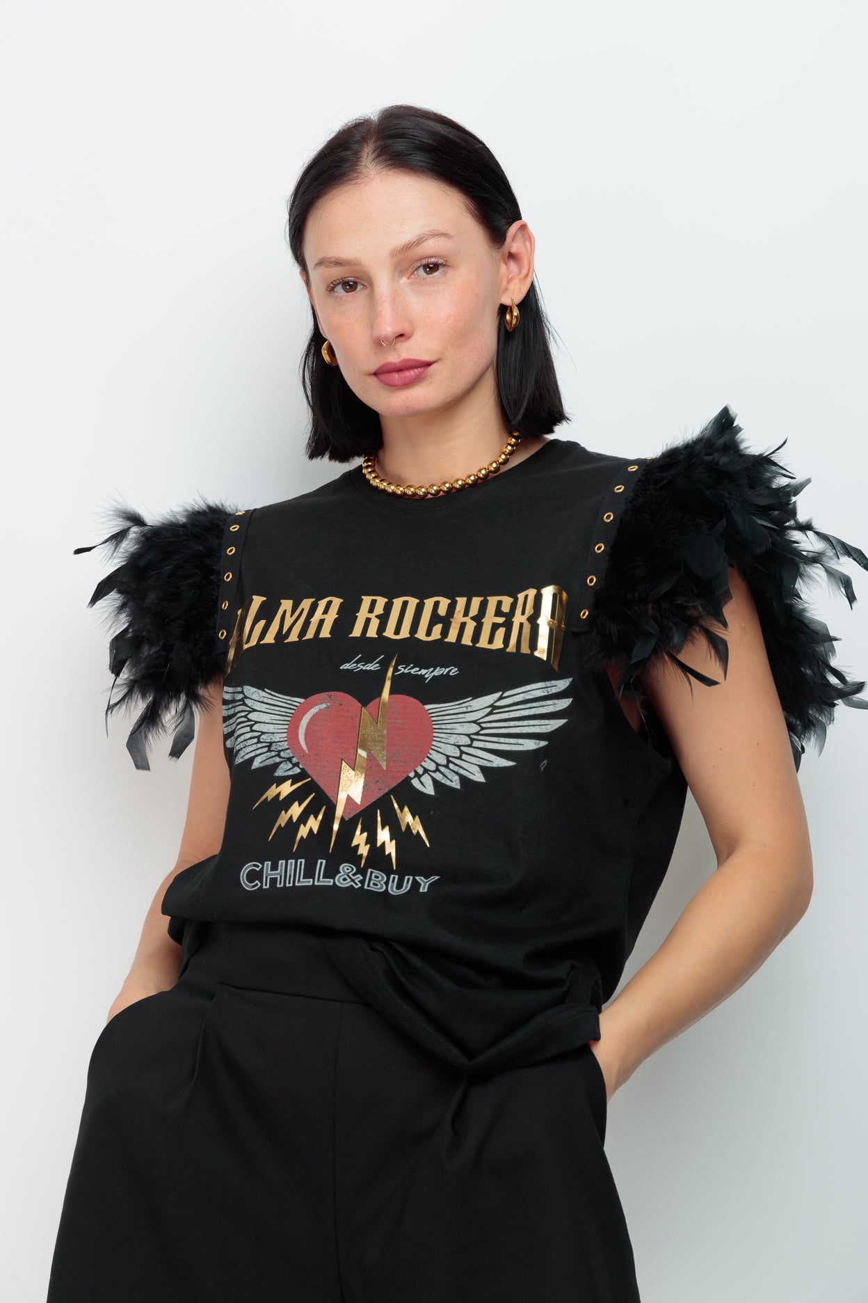 Camiseta Plumas Tachas Alma Rockera