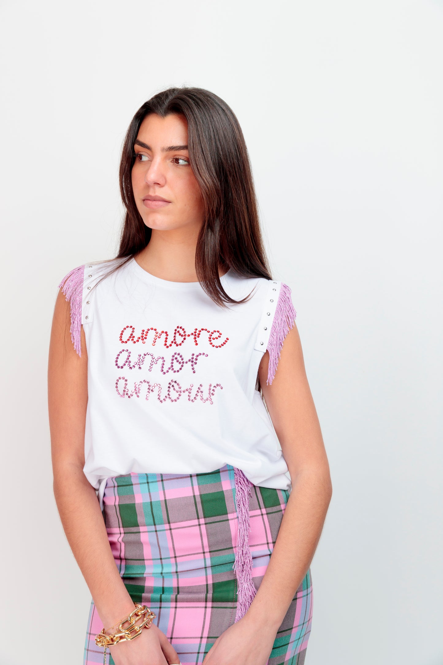 Camiseta Flecos Amore Strass
