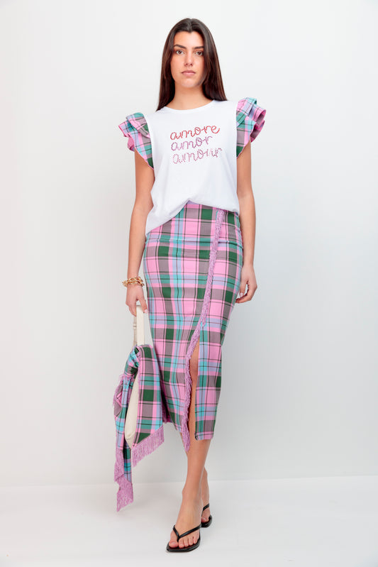 Falda Flecos Cuadros Rosa