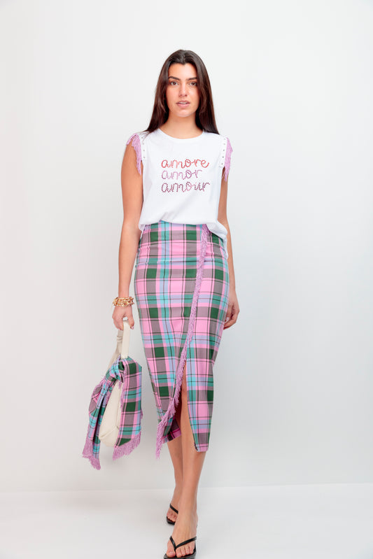 Falda Flecos Cuadros Rosa