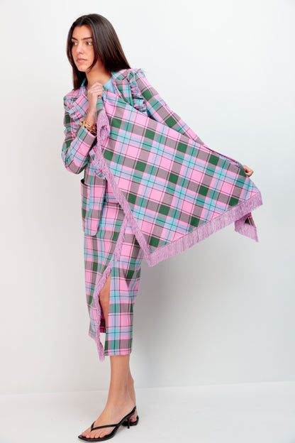 Foulard à carreaux rose à franges