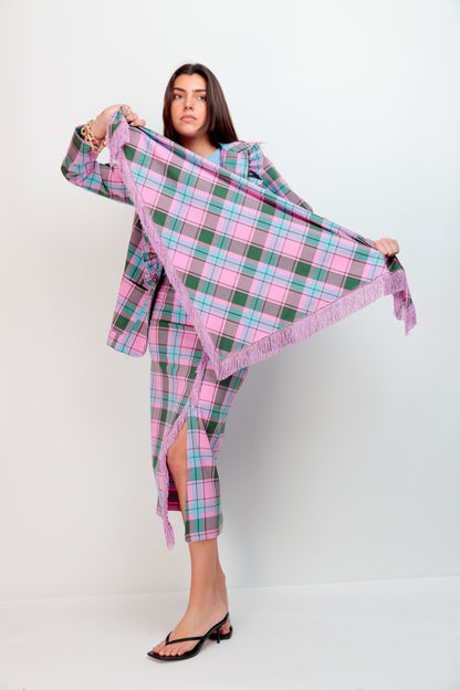 Foulard à carreaux rose à franges
