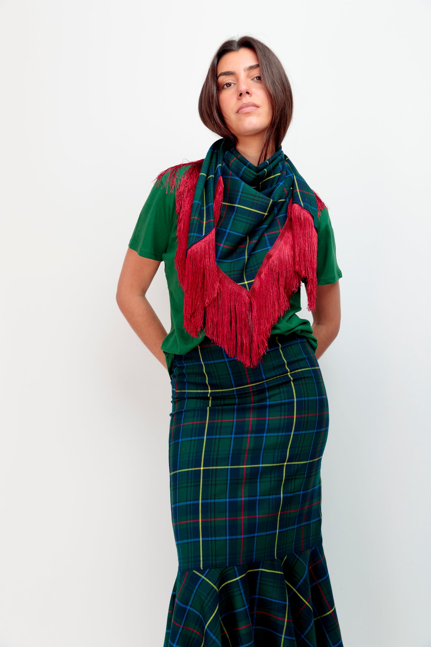 Foulard à franges tartan vert