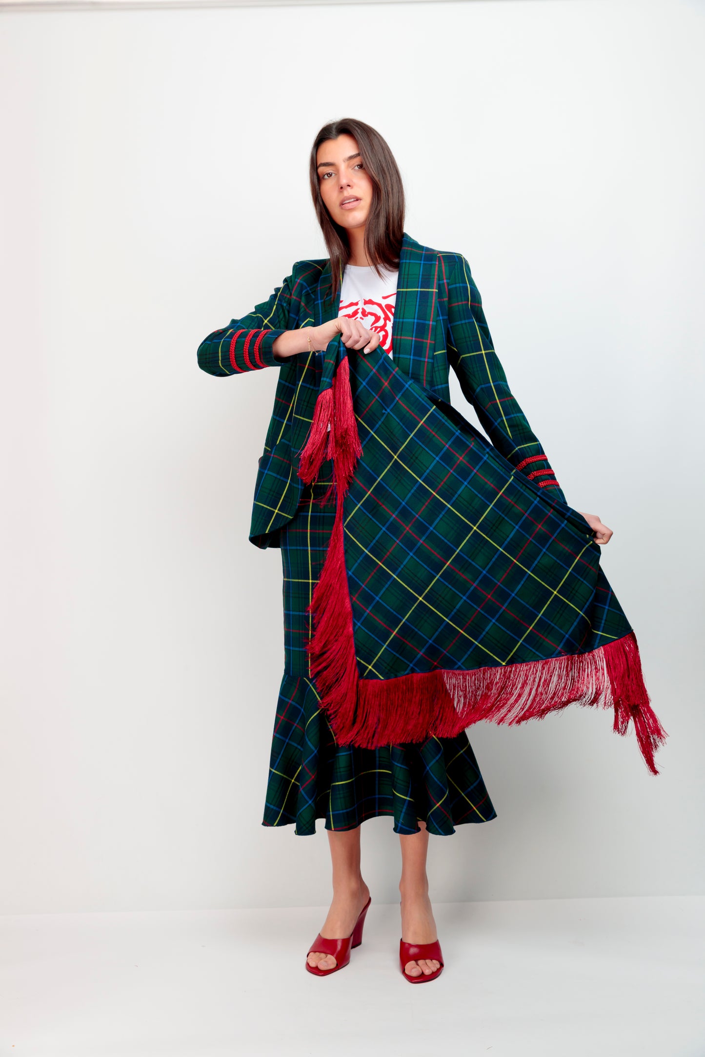 Foulard à franges tartan vert