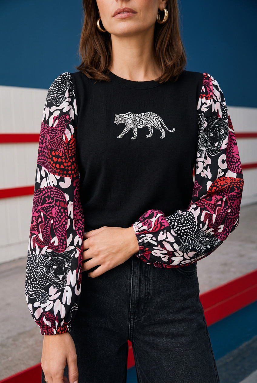 Plano cercano de la camiseta con pantera blanca y mangas estampadas