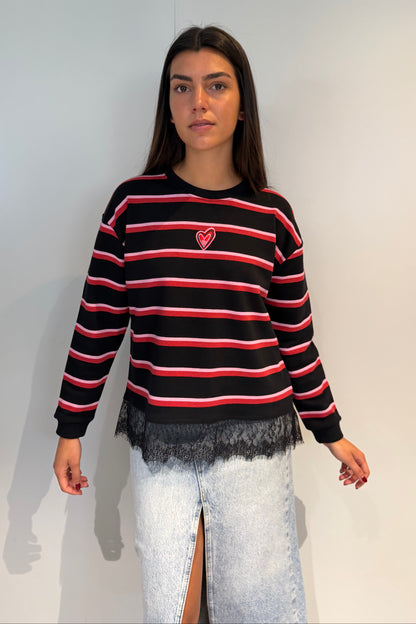Sweat-shirt rayé avec empiècement en dentelle
