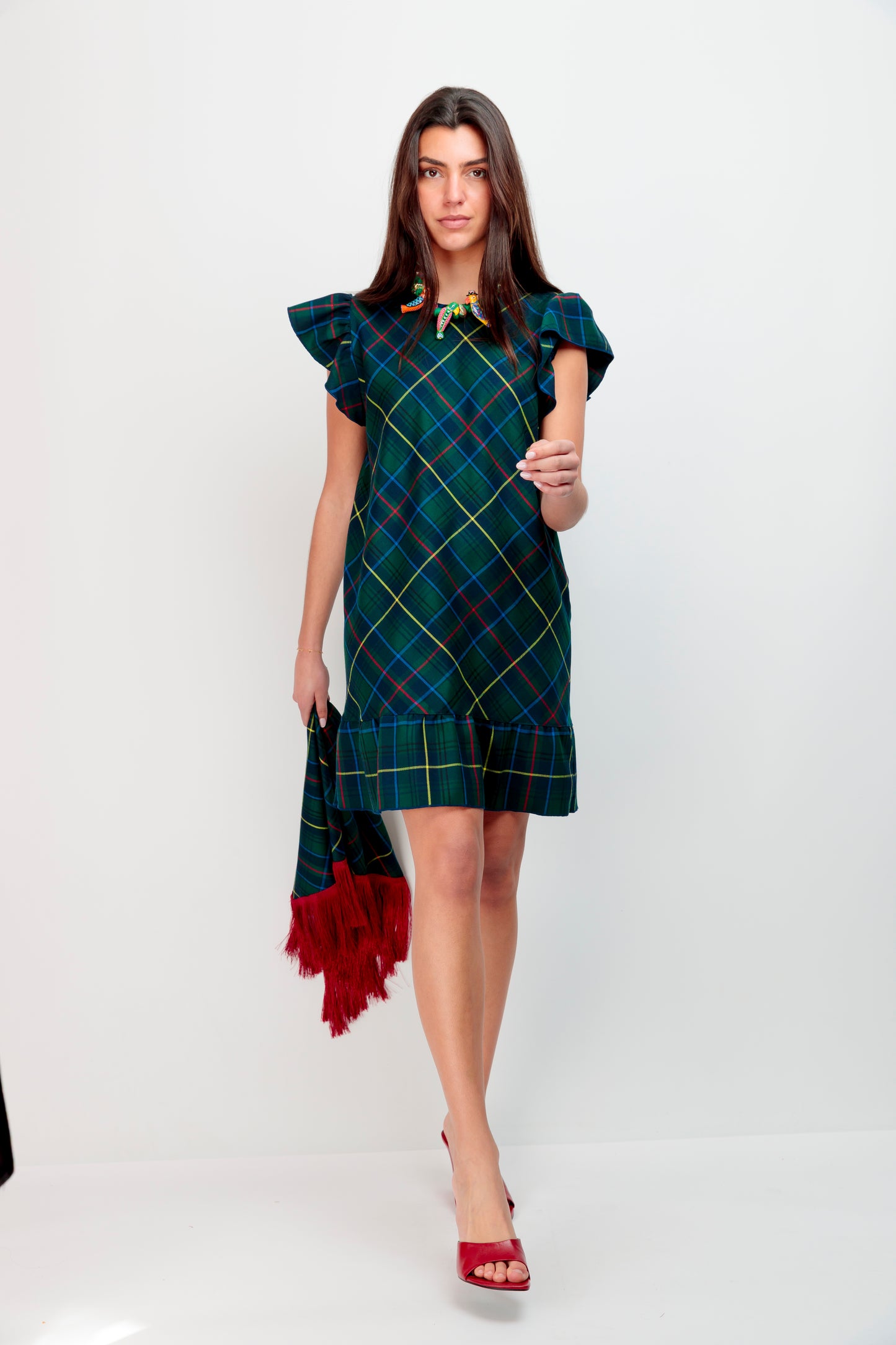 Vestido Volante Cuadros Verde