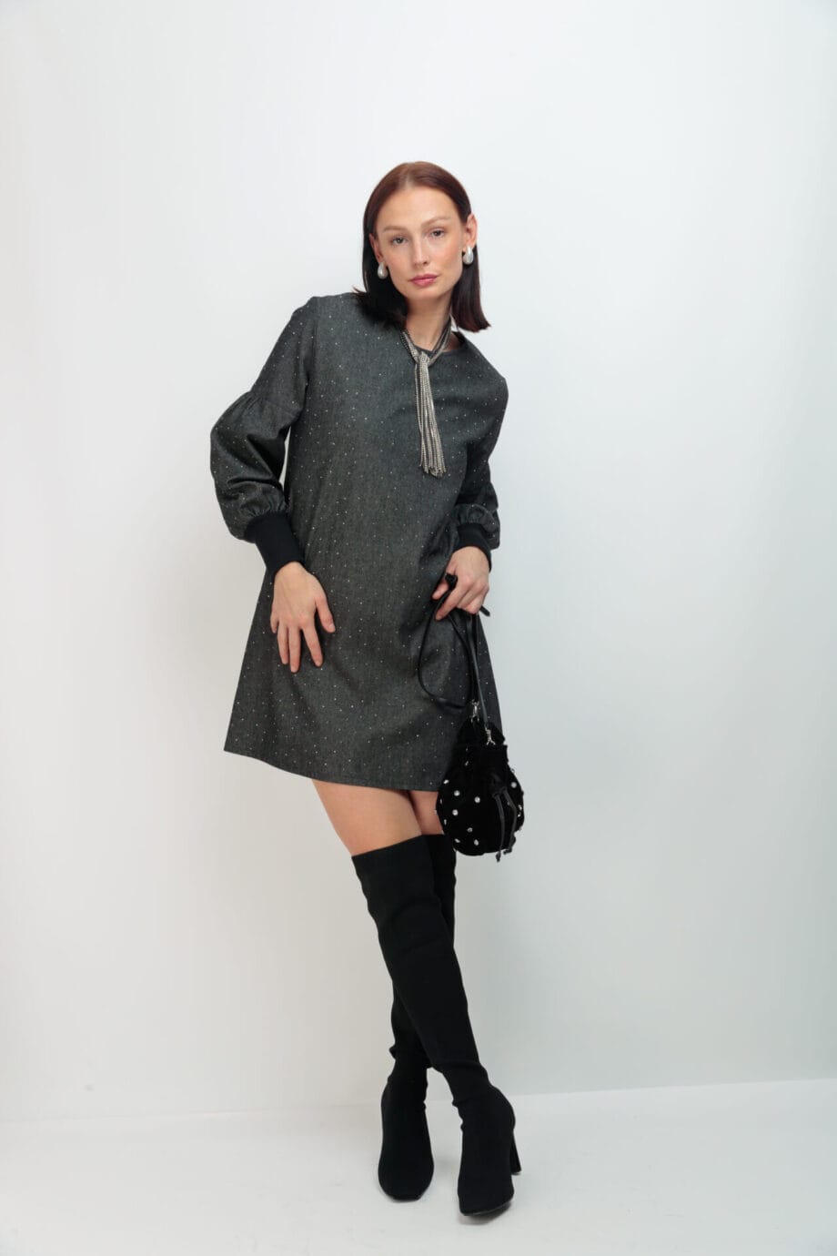 VESTIDO GLOBO DENIM STRASS