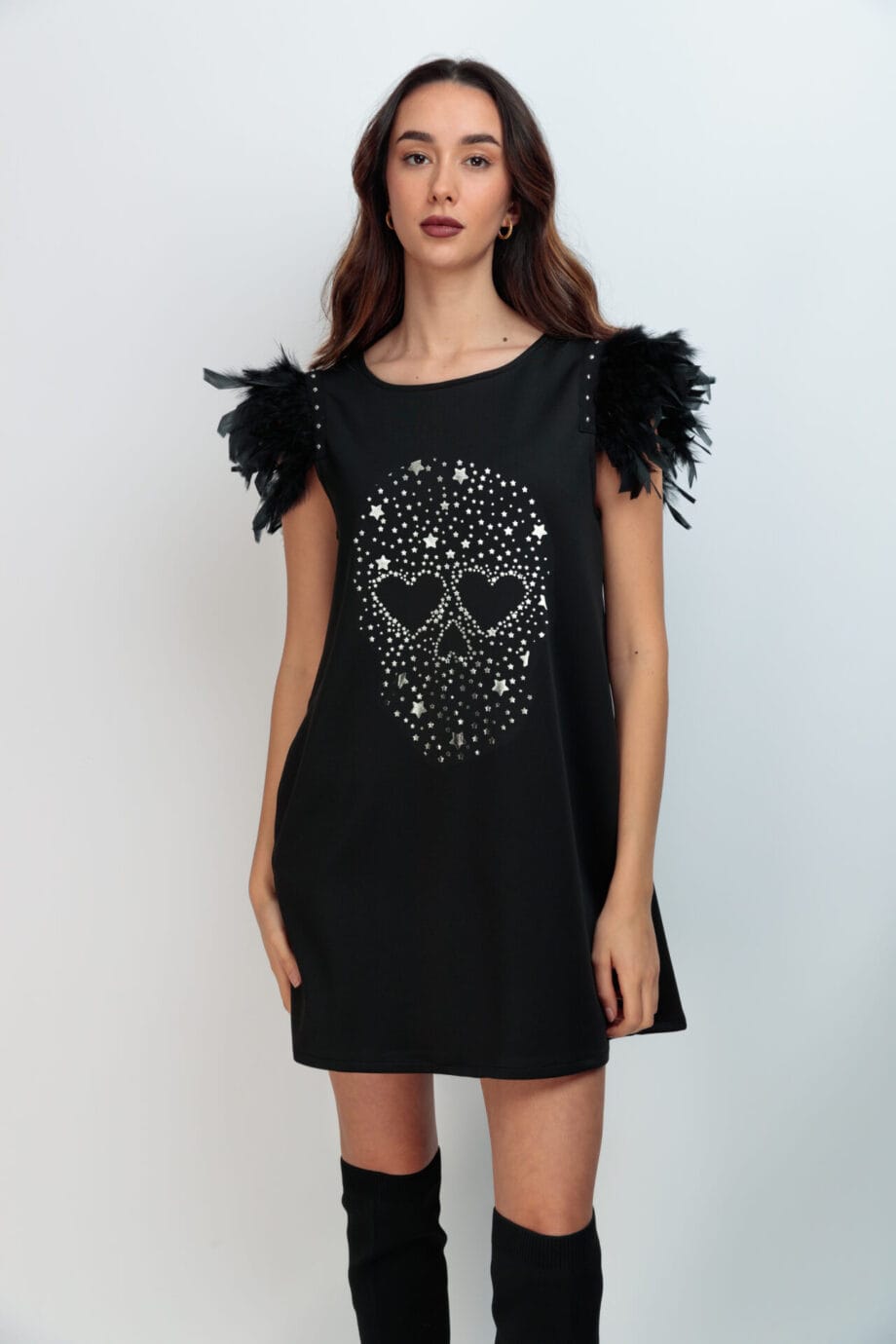 VESTIDO PLUMAS NEGRAS SKULL BRILLI