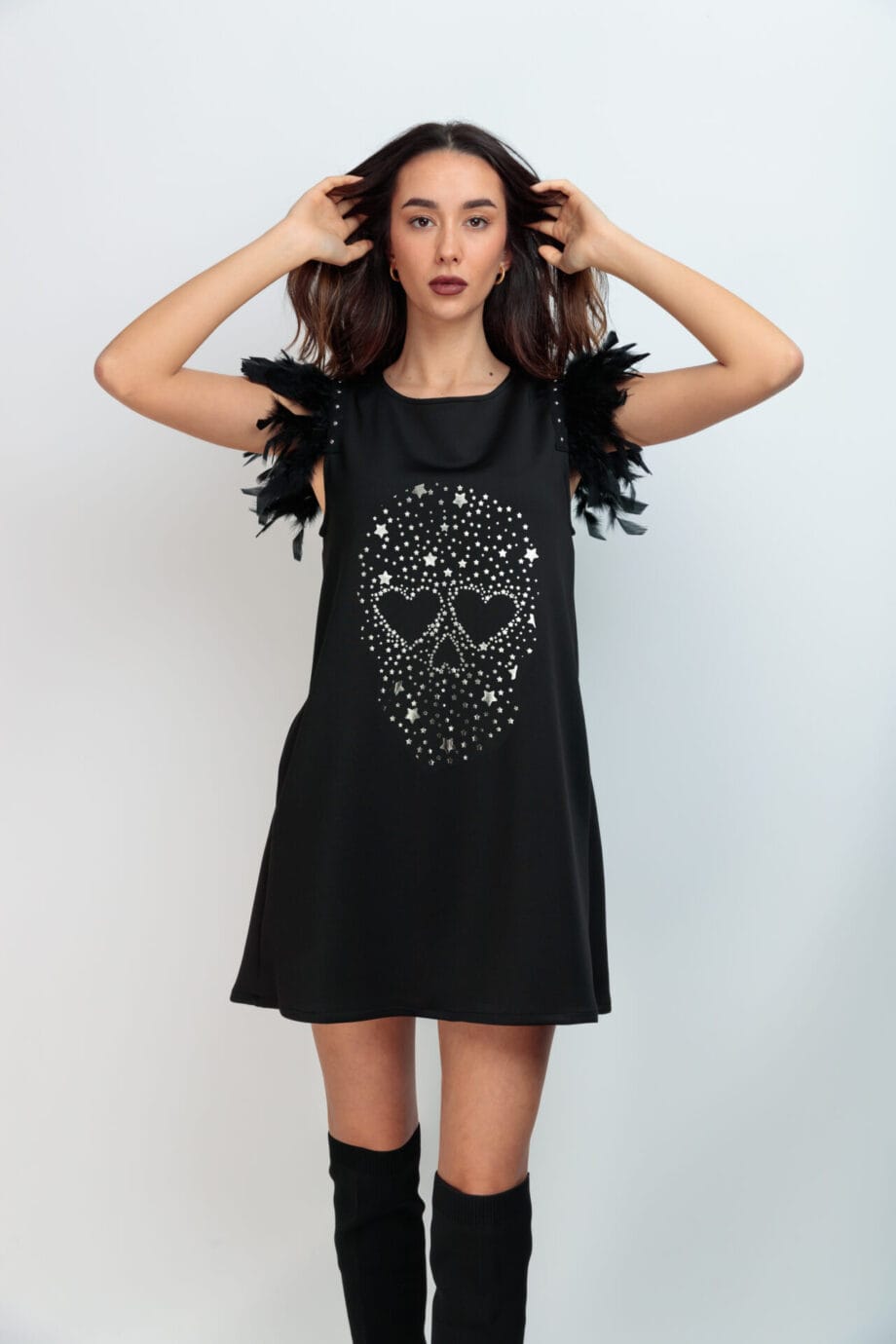 VESTIDO PLUMAS NEGRAS SKULL BRILLI